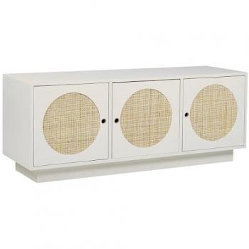 Aparador Blanco de 3 Puertas con Frente de Ratán y Manijas de Agujero, Estilo Boho