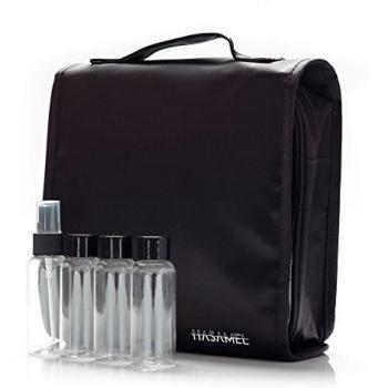 Neceser de viaje con botellas para líquidos de aseo y bolsa transparente 20 x 20 cm aprobada por los aeropuertos con percha para colgar en baño.