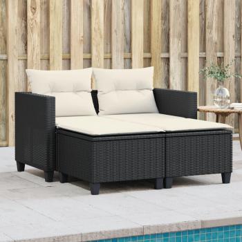 Sofá de jardín 2 plazas con taburetes negros en Polyrattan y toldo, ratán PE negro