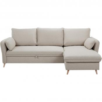 Sofá cama con chaise longue 3-4 plazas con canapé de tela beige y madera clara DRISS