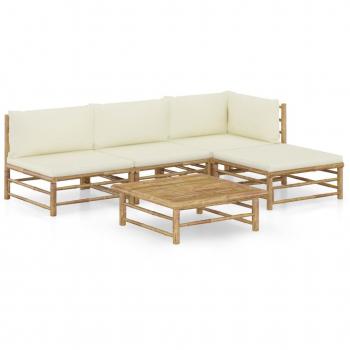 5-Piece Bamboo Garden Lounge Set with Cream White Cushions