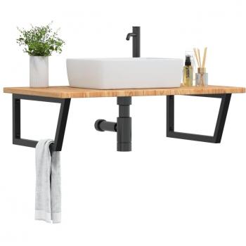 Estante de lavabo de pared de acero y madera maciza de roble marrón