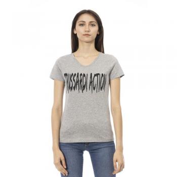 Trussardi Action Gray Cotton Tops & T-Shirt - M, Female, T-Shirts, Chic Printed V-Neck Tee for Casual Elegance