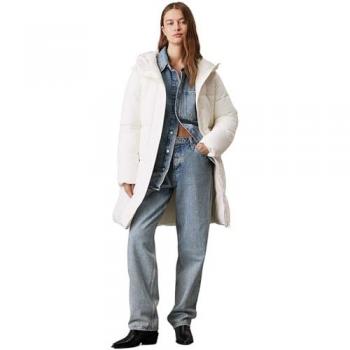 Calvin Klein Jeans Logo Belt Long Puffer Down Jacket, Relaxed Fit, Women's Écru