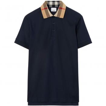 Burberry Men's Blue Checked-Collar Cotton Polo Shirt - Size 2XL