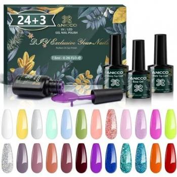 Anicco Esmaltes Semipermanentes de Uñas en Gel UV LED, 27 Pcs Pintauñas Semipermanentes con Base, Top Coat Brillante y Mate, Kit de Esmalte de Uñas Semipermanentes con Negro, Blanco, Pastel, 7.5ML