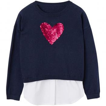 VERTBAUDET Jersey niña efecto 2 en 1 corazón de lentejuelas Azul Oscuro Liso Con Adorno 2A