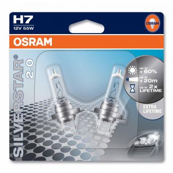 Osram 64210SV2-02B Silverstar 2.0 H7 Lámpara Halógena para Faro Principal, 60% más Luz, 12V, 55W, Casquillo PX26D, Embalaje Blister Doble