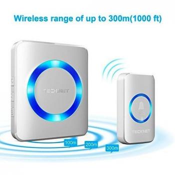 TECKNET Timbre Inalámbrico Timbre para Puerta, 400 Metros Kit de Timbre Inalámbrico con 1 Receptor Enchufe, 38 Melodías Ajutables, 4 Niveles de Volumen, Resistente al Agua