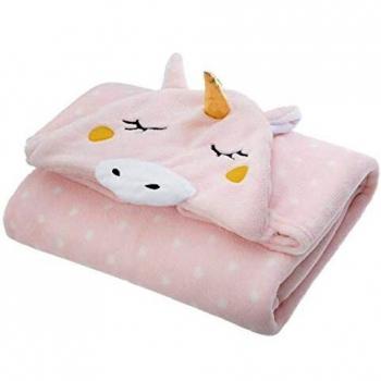 Manta Infantil con Capucha Diseño Unicornio Rosa 100 x 140 cm - Poliéster Suave