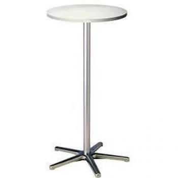 Mesa Alta Ergonométrica Ø60 cm, Altura 110 cm, con Plato de Melamina Blanca y Estructura de Aluminio Plateado