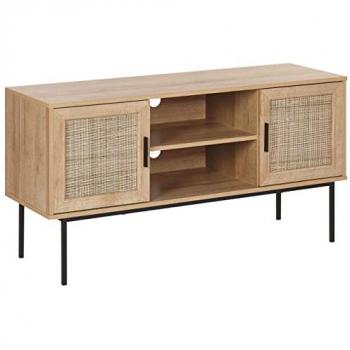 Mueble de TV Boho con 2 Puertas de Madera Clara y Frente de Ratán Natural, 120 x 63 cm, Patas de Metal