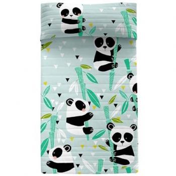 Colcha Infantil Panda Garden Azul 200x260 cm, 100% Algodón (Exterior) y 100% Poliéster (Relleno), Calidad de 150 TC, Fabricada en España