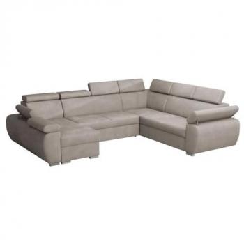 Sofá rinconero Columbus 134, color marrón claro, con función de descanso y caja de ropa de cama, dimensiones 325x260x85cm
