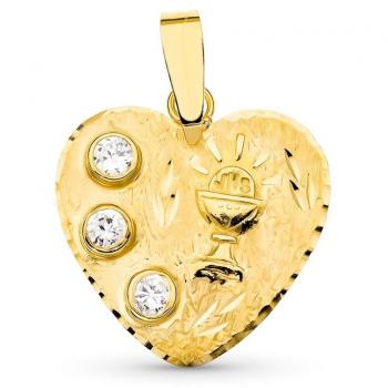 Colgante de oro 18k para niña con diseño de cáliz y corazón, adornado con circonitas, tamaño 23 mm, ideal para Primera Comunión