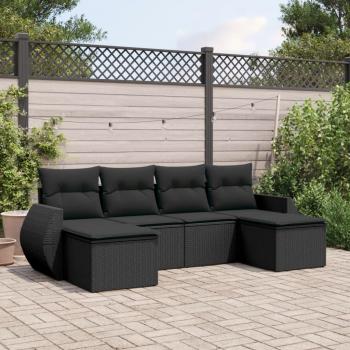 Sofá de jardín 6 PCs con almohadas negras en Polyrattan, set de sofás de jardín 6 piezas y cojines ratán sintético negro