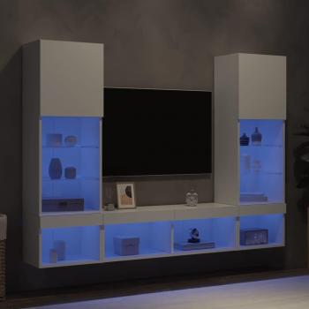 Mueble TV pared con LED 5 piezas madera ingeniería blanco