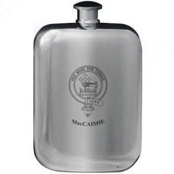 MacCaishe Family Crest Design Pocket Hip Flask 6oz Rounded Polished Pewter