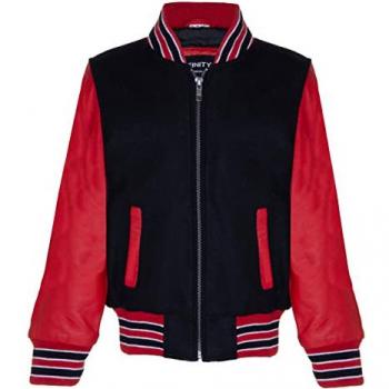 Infinity Junior Kids Unisex Varsity Bomber Jacket with Real Leather Sleeves - Black & Red, Size 4-5Y (Ages 3-13)