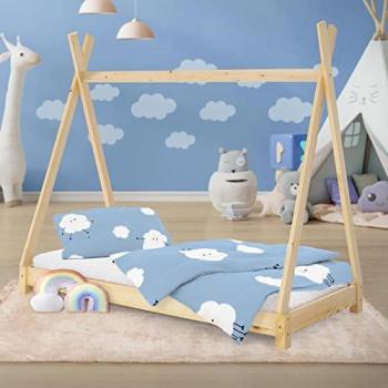 Cama Infantil Tipi Indio 80x160 cm de Madera de Pino Natural con Somier y Estructura en Forma de Casa