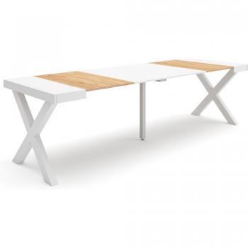 Mesa Consola Extensible 260cm para 12 Comensales, Patas de Madera Maciza, Estilo Moderno en Roble y Blanco