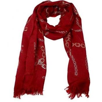 LOLA CASADEMUNT Chal Pañuelo 180X70Cm. Estampado Cadenas Fondo Rojo Borde Flecos
