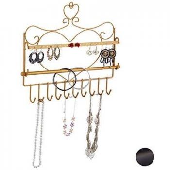 Relaxdays Soporte de Pared para Collares, Pendientes y Pulseras, Gancho para Joyas en Forma de corazón, 30 x 36,5 x 3,5 cm, Color Dorado, Metal, Schmuckhalter Wand