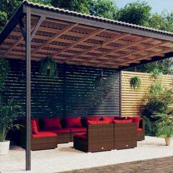 9-Piece Brown Poly Rattan Garden Lounge Set with Cushions