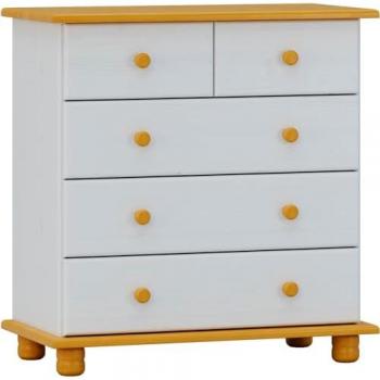 Cómoda 5 Cajones de Pino Macizo, Serie Canet, Color Blanco-Miel, Medidas: 81x78x39 cm