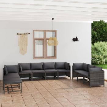 10-Piece Grey Poly Rattan Garden Lounge Set with Cushions