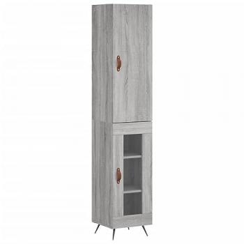 Aparador alto de madera contrachapada gris Sonoma 34,5x34x180 cm con 1 puerta de cristal, mueble de almacenaje para salón, buffet y armario auxiliar