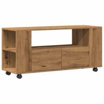 Mueble TV con ruedas de madera de ingeniería en color roble artisan, dimensiones 102x34,5x43 cm