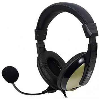 Auriculares LogiLink HS0011A, Estéreo, Cableado 3.5 mm, Diadema Circumaural con Micrófono y Almohadillas de Alta Comodidad, Color Negro/Dorado