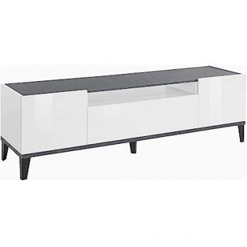 Mueble de TV moderno Sunrise 160 cm, 2 compartimentos y cajón blanco brillante con acabado pizarra