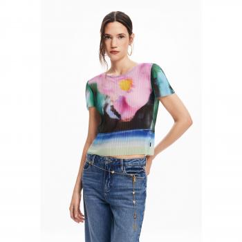 Desigual - Camiseta de mujer paisaje difuminado, Plisa Faded Landscape, tela acanalada, color verde, talla M