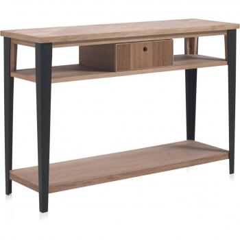 Consola de madera de fresno con cajón y patas metálicas negras 40x81x120cm