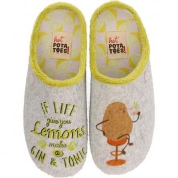 Hot Potatoes - Zapatillas de Casa Abiertas Tipo Babucha Gris con Estampado de Limones y Suela de Caucho Natural