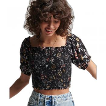 Top Crop Vintage Smocked Ecovero Superdry Negro y Floral Olivia Paisley XS
