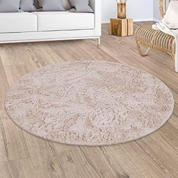 Alfombra Salón Pelo Largo Shaggy Piel Sintética Mullida Crema Beige 80 cm Redonda
