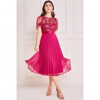 Goddiva Embroidered Top Chiffon Pleated Midi - Magenta