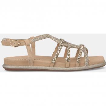 Sandalia joya plana de mujer Alma en Pena beige con piedras y microstrass V240852, características: sandalias planas con puntera cuadrada y cierre con hebilla
