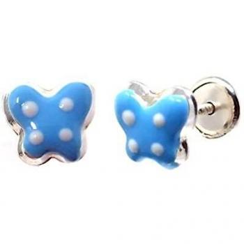 Pendientes plata Ley 925m niña 7mm. mariposa esmaltada azul lunares tornillo