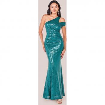 Emerald Green One Shoulder Sequin Evening Maxi Dress