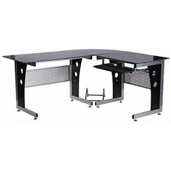 HOMCOM Mesa Esquinera PC Escritorio Ordenador Oficina Dormitorio Hogar Escuela Metal Madera Vidrio de Seguridad