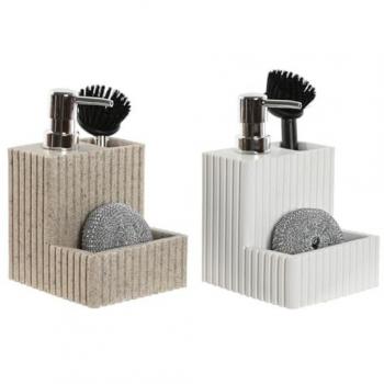 Cepillo Estropajo con Mango y Dispensador de Jabón Home ESPRIT Blanco Beige 11,5 x 11,5 x 18 cm (2 Unidades)