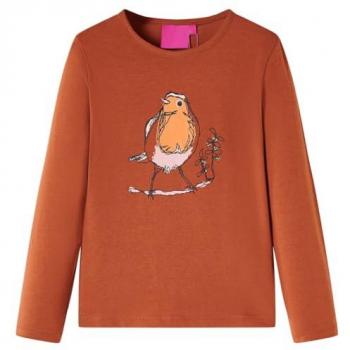 Camiseta Infantil de Manga Larga con Estampado Pájaro Color Coñac 116