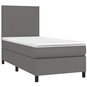 Cama box spring con colchón de cuero sintético gris 100x200 cm, incluye colchón viscoelástico, espuma, protector, muelles ensacados, adaptable y acolchado reversible