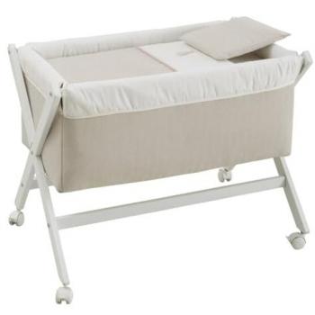 Minicuna Tijera de Madera Lino Rosa/Blanco 55x87x74 cm con Ruedas y Frenos para Bebé