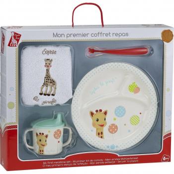 Sophie la Girafe 470008 - Caja regalo con set de comida, incluye plato anti-deslizante, babero, taza de aprendizaje anti-fugas y cubiertos