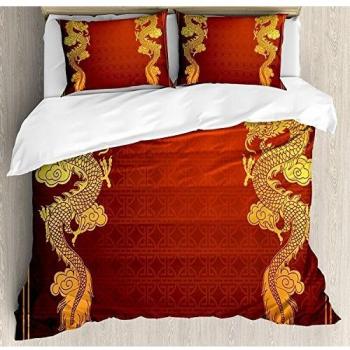 Juego de sábanas Dragon de 3 piezas Juego de funda nórdica, Motivo oriental asiático histórico de la herencia china con diseño de criatura legendaria, Juego de fundas de edredón / Qulit de 3 piezas co